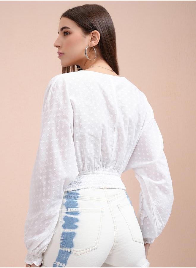 Tokyo Talkies Dobby Batwing Sleeve Ruffle Detail Crop Top by Styli  - Image 3
