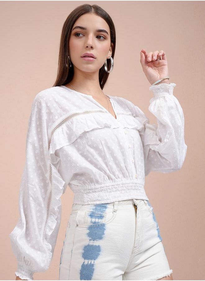 Tokyo Talkies - Dobby Batwing Sleeve Ruffle Detail Crop Top by Styli - Image 1