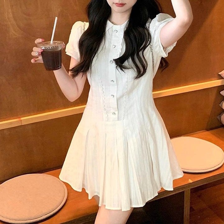 White super good-looking covering belly slimming dress children summer 2025 new show first love feeling small skirt White (with lining)