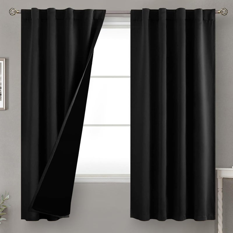 BGment Black 100% Blackout Curtains 63 Inches Long with Thermal Insulated Liner  Rod Pocket and Back Tab Double Layer Full Room Darkening Window Curtain for Bedroom  2 Panels Each 38 x 63 Inch - Image 1