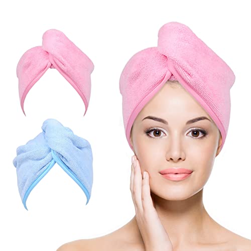 YoulerTex Microfiber Hair Towel Hair Wrap: 2 Pack 10X26 Hair Dryer Towels for Women Absorbent Turban Twist Drying Shower Cap Curly Hair Products for Hair Care Hair Accessories (06 Blue Pink) - Image 1