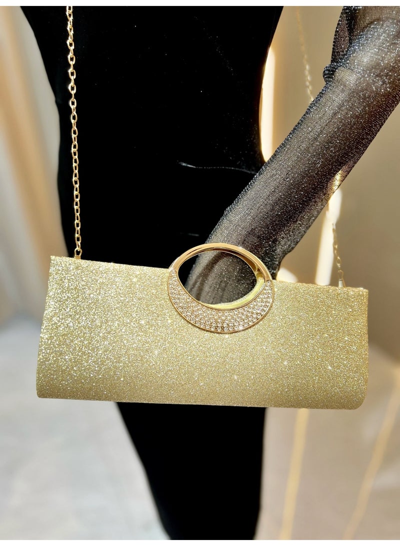 MAGNISHAN Women's Glitter Evening Clutch Bag with Rhinestone Handle and Chain Strap - Image 2