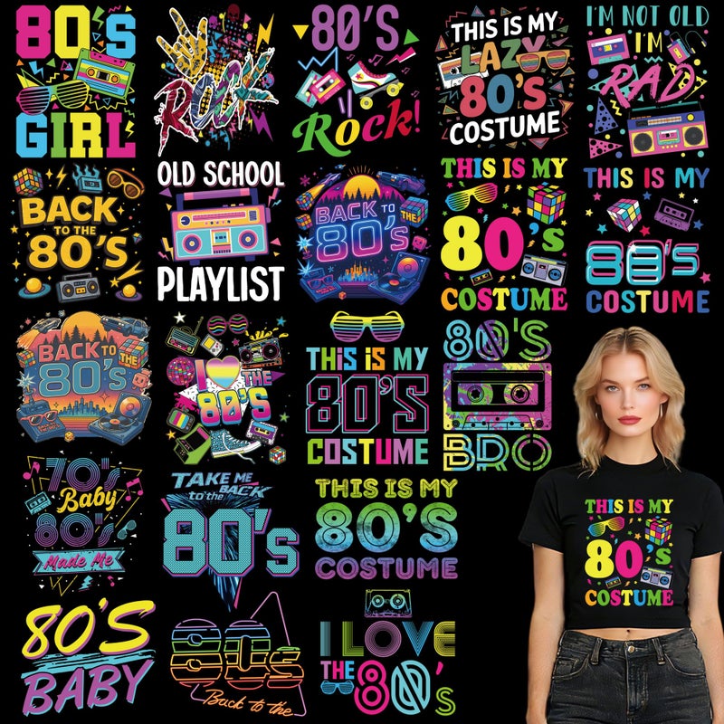 Dazoratix DTF Transfers Ready to Press - 20 Sheets Back to 80s Iron on Patches for Women T Shirts Retro Neon Vintage 90s Disco Heat Stickers Vinyl Decals for Clothes Costume Party DIY Craft Decoration - Image 1