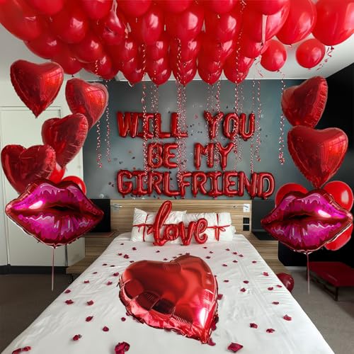 yeewaka 16 Inches Red WILL YOU BE MY GIRLFRIEND Confession Letter Balloons with red balloonsHeartShape lips love Foil Balloons and Rose Petals for Romantic Special Night Decorations and Valentines Day - Image 1