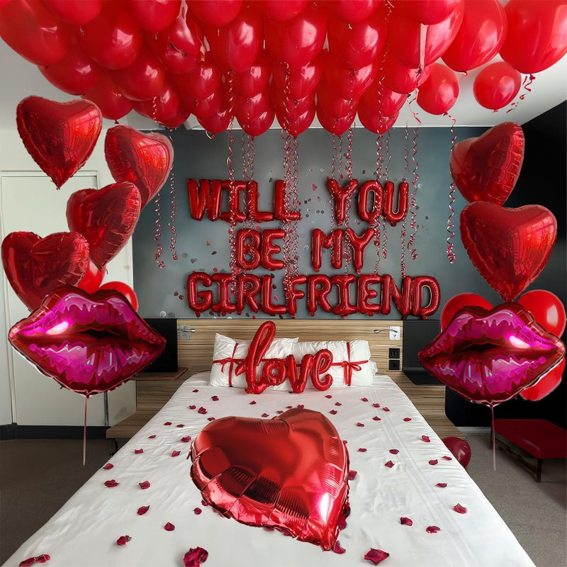 yeewaka 16 Inches Red WILL YOU BE MY GIRLFRIEND Confession Letter Balloons with red balloonsHeartShape lips love Foil Balloons and Rose Petals for Romantic Special Night Decorations and Valentines Day - Image 2