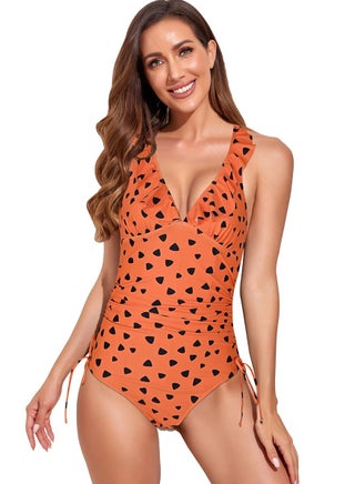 Orange Wave Point V-Neck One-Piece Swimsuit Falbala Bikini - pzsku/ZBE9F5F98E23AE895B7FBZ/45/_/1661937646/82f002b6-214e-48e1-a953-dba2de8164ad