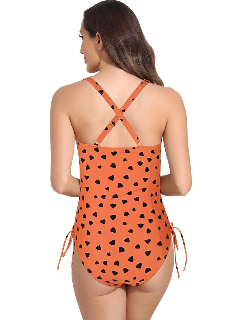 Orange Wave Point V-Neck One-Piece Swimsuit Falbala Bikini