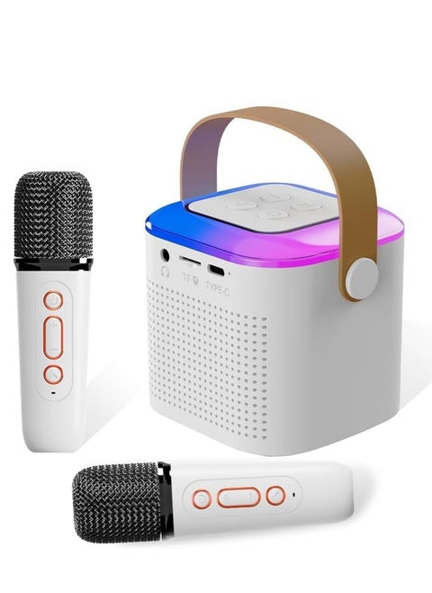 Portable Karaoke Machine with 2 Wireless Microphones – Mini Karaoke Speaker with LED Lights, Bluetooth, TF Card & AUX Input for Kids & Adults – Perfect for Birthday Parties, Singing & Fun (White)