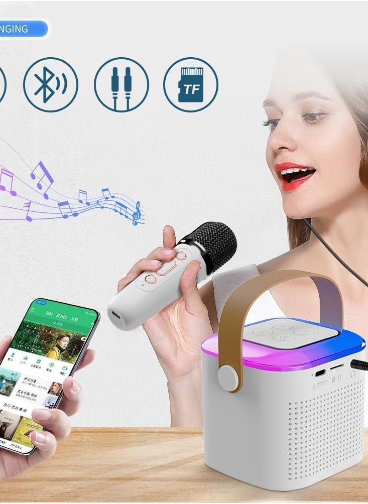 Portable Karaoke Machine with 2 Wireless Microphones – Mini Karaoke Speaker with LED Lights, Bluetooth, TF Card & AUX Input for Kids & Adults – Perfect for Birthday Parties, Singing & Fun (White)