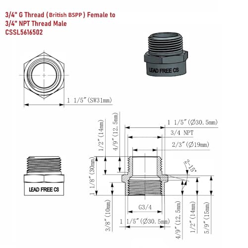 Cascada Showers G Thread (British BSPP) 3/4" Female to NPT Thread 3/4" Male Pipe Fitting Adapter - Lead-Free (3/4 inch) - Image 2