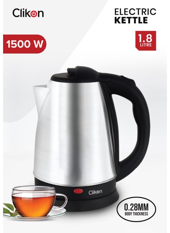 Clikon Stainless Steel Electric Cordless Kettle With 360° Swivel Base Power Cord Storage Auto Cut-off Function LED Indicator 2 Years Warranty 1.8 L 1500 W CK5130 Silver/Black - Image 1