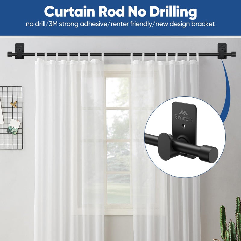 SIMEWIN Curtain Rods No Drilling for Windows 30 to 60 Inches,5/8 Inch Diameter No Drill Small Curtain Rod Set with 3M Adhesive Brackets, Black - Image 2