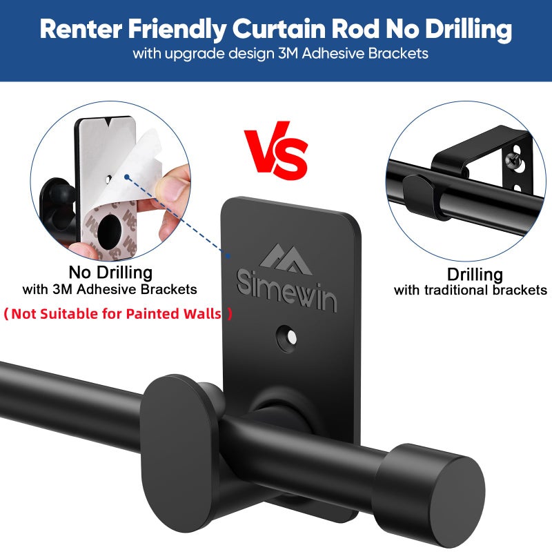 SIMEWIN Curtain Rods No Drilling for Windows 30 to 60 Inches,5/8 Inch Diameter No Drill Small Curtain Rod Set with 3M Adhesive Brackets, Black - Image 3