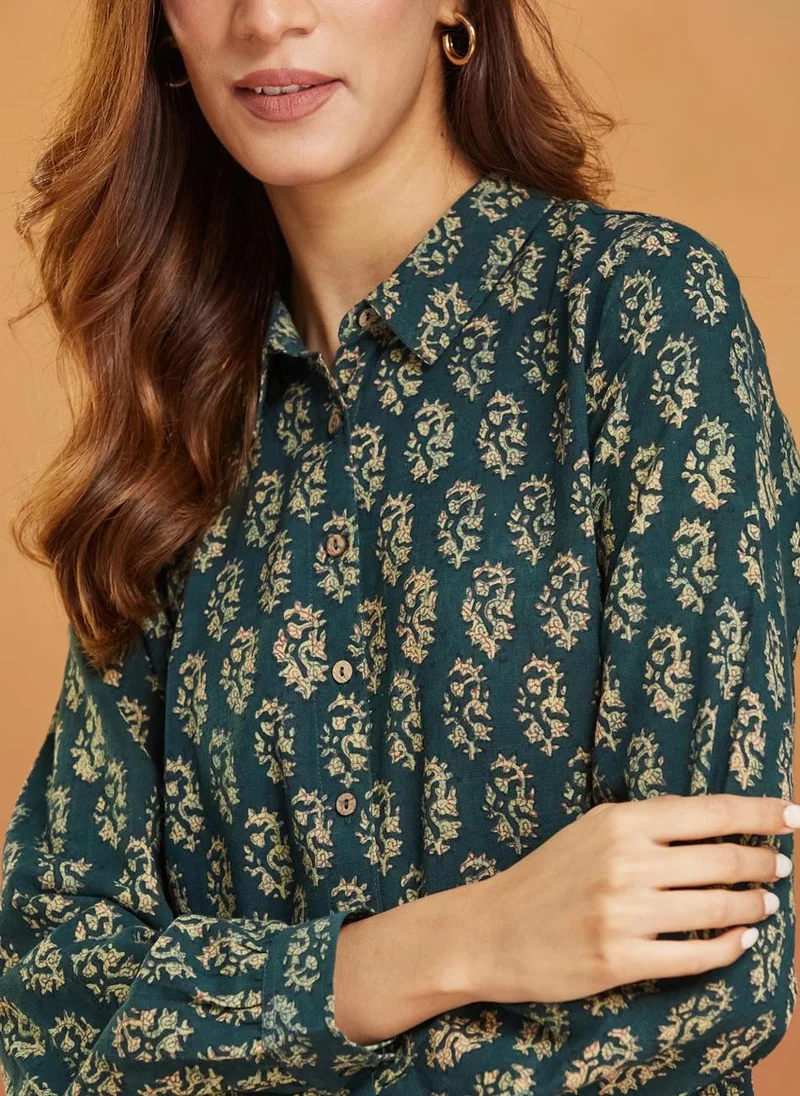 Fabindia Green Cotton Printed Shirt