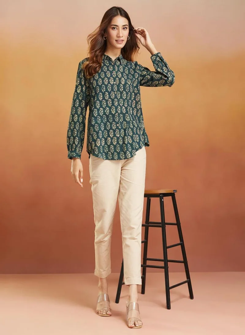Fabindia Green Cotton Printed Shirt