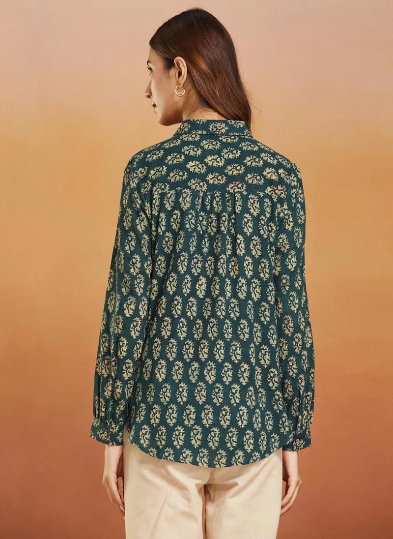 Fabindia Green Cotton Printed Shirt