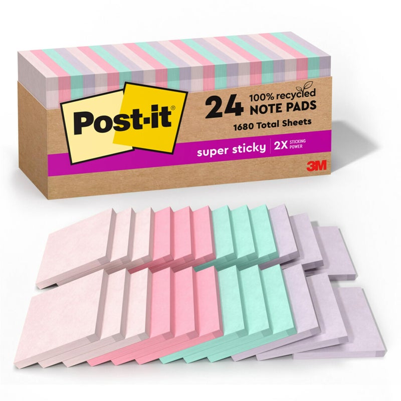 Post It Post-it 100% Recycled Paper Super Sticky Notes, 3 in. x 3 in., 24 Pads, 70 Sheets per Pad, Wanderlust Pastels, School Supplies and Office Products - Image 1
