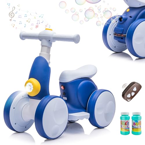 JoyRydz 6V Electric Baby Balance Bike with Bubble Machine4 in 1 Toddler Balance Bike wRemote Control for 1 Year Old Boys Girls Kids Bubble Bike Ride on Toys wPowered MotorMusicLED Lights Blue - Image 1