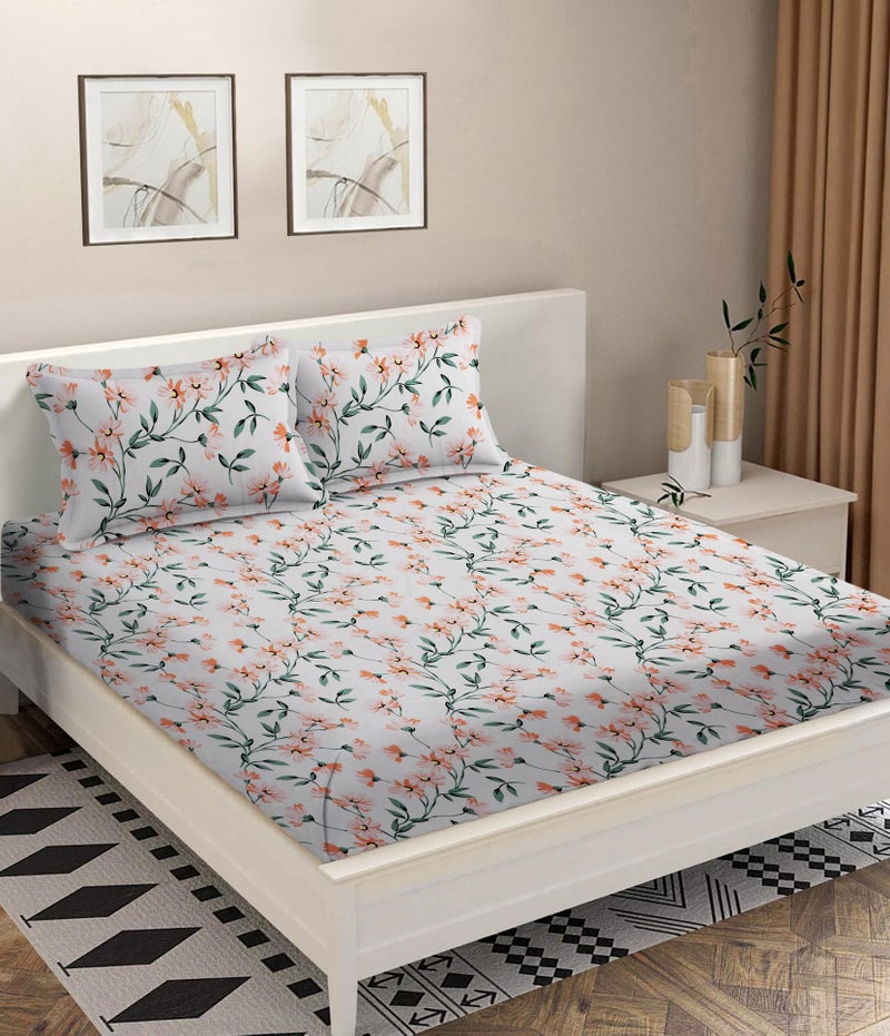MODEFE Off White Microfiber Flat Wrinklefree Printed Double Bedsheet with 2 Pillowcovers (90x100 Inch) - Image 1