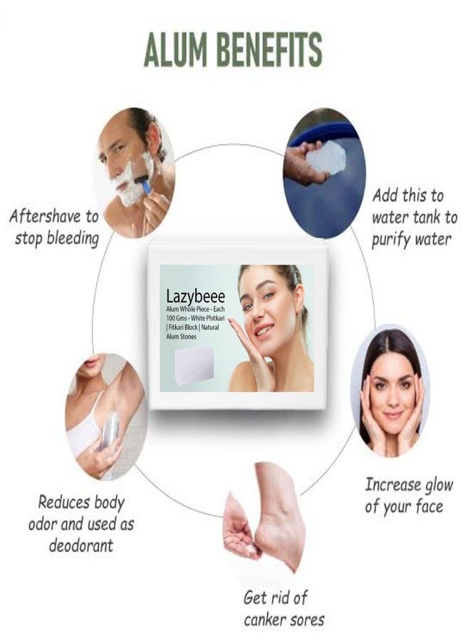 Lazybeee عبوة Lazybeee من 4 قطع من شب فيتكاري الطبيعي مع علبة سفر | 100% كريستال معدني طبيعي | خالٍ من الألومنيوم، يلطف البشرة بعد الحلاقة، ويشدها، وله خصائص مطهرة (100 غرام * 4 قطع) - Image 2