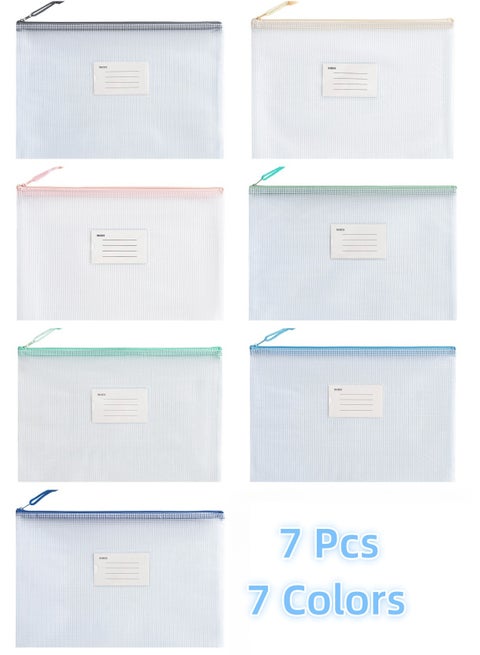 7 Pcs A4 Zipper File Bags, Zippered Waterproof PVC Pouch Plastic Zip Document Filing Folder 7 Colors, Document Bag with Label Pocket