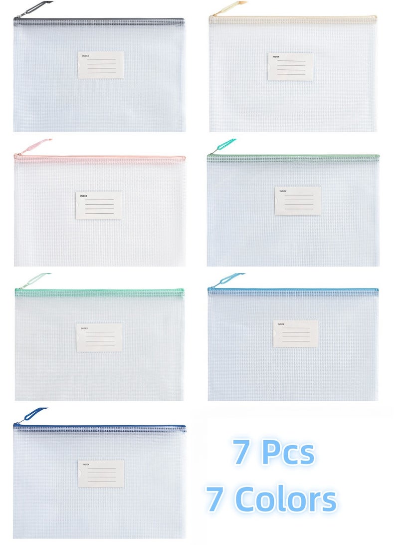 7 Pcs A4 Zipper File Bags, Zippered Waterproof PVC Pouch Plastic Zip Document Filing Folder 7 Colors, Document Bag with Label Pocket