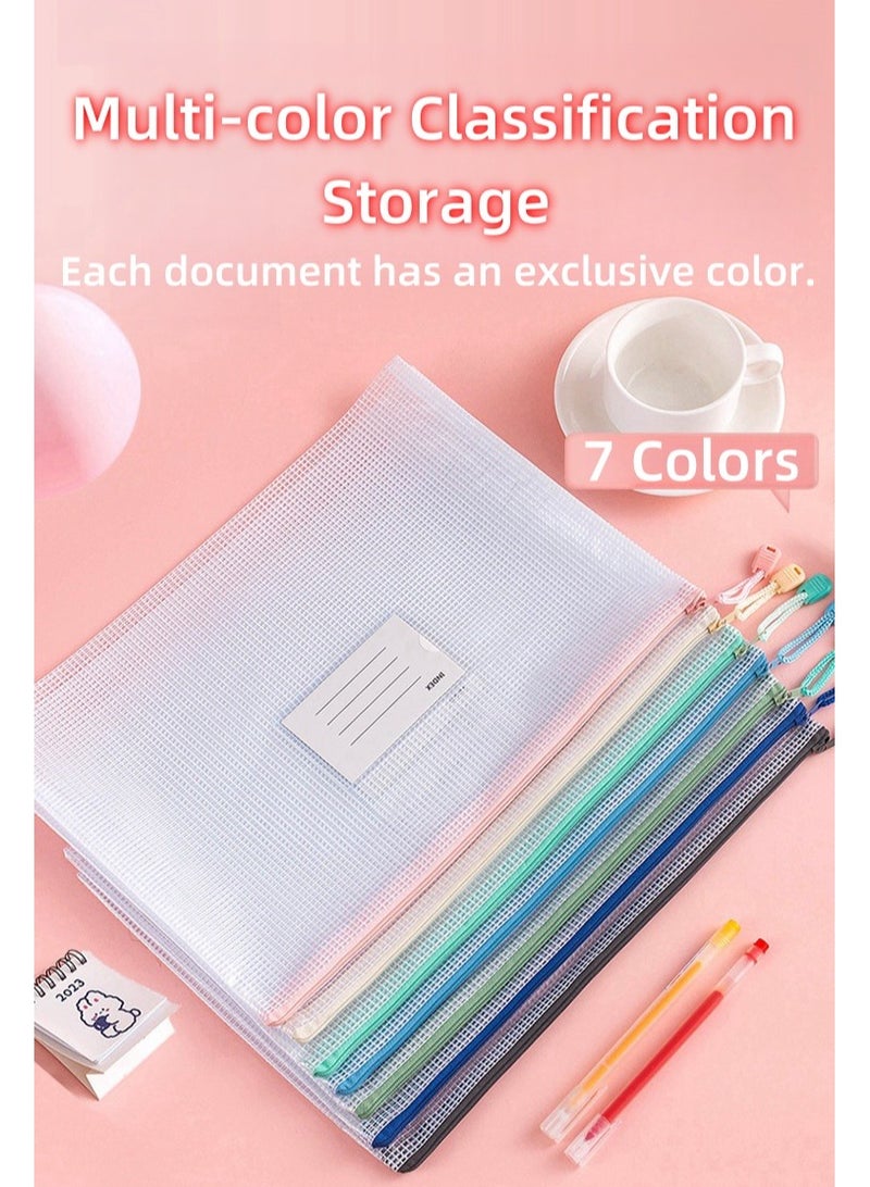7 Pcs A4 Zipper File Bags, Zippered Waterproof PVC Pouch Plastic Zip Document Filing Folder 7 Colors, Document Bag with Label Pocket