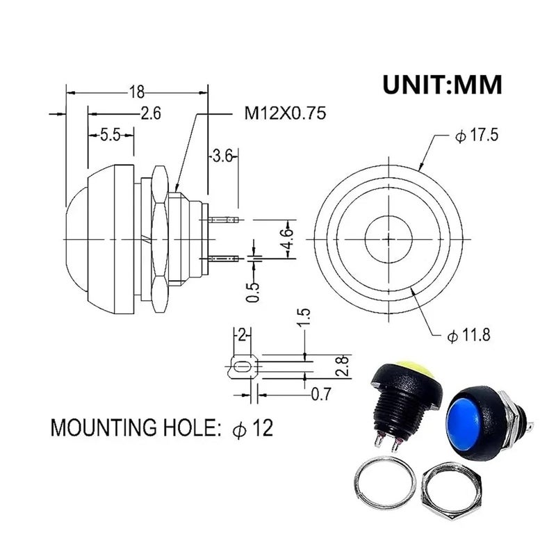 Red Locking 20PCS 12mm زر ضغط لحظي PBS 33B مع إعادة ضبط ذاتي دائري صغير NO 2Pin 1A DC12V - Image 5
