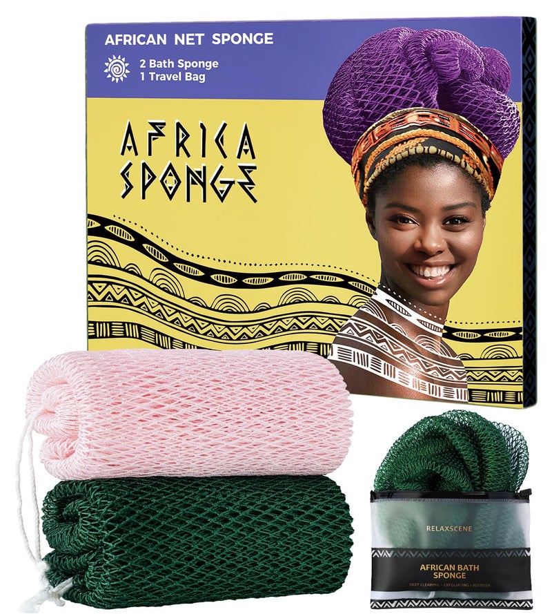 RelaxScene Afro Scrubber African Net Sponge - 2 Pieces Authentic African Wash Cloths - Exfoliating Body Sponges for Showering Forest & BabyPink - Back Scrub Exfoliator Shower Loofah for Body Bath Accessories - Image 1