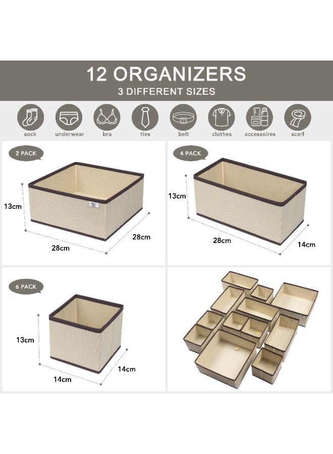 دايلوكس – منظم أدراج 12 قطعة لون بيج | منظمات ملابس وخزانة قابلة للطي – صناديق تخزين للأدراج والدولاب والجوارب والإكسسوارات - Image 2
