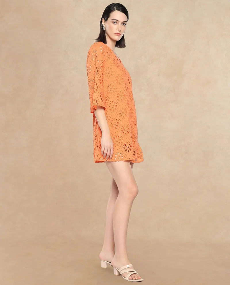 Rareism Rareism Women Hoiter Orange Cotton Fabric Regular Sleeves Boat Neck Solid MINI Dress