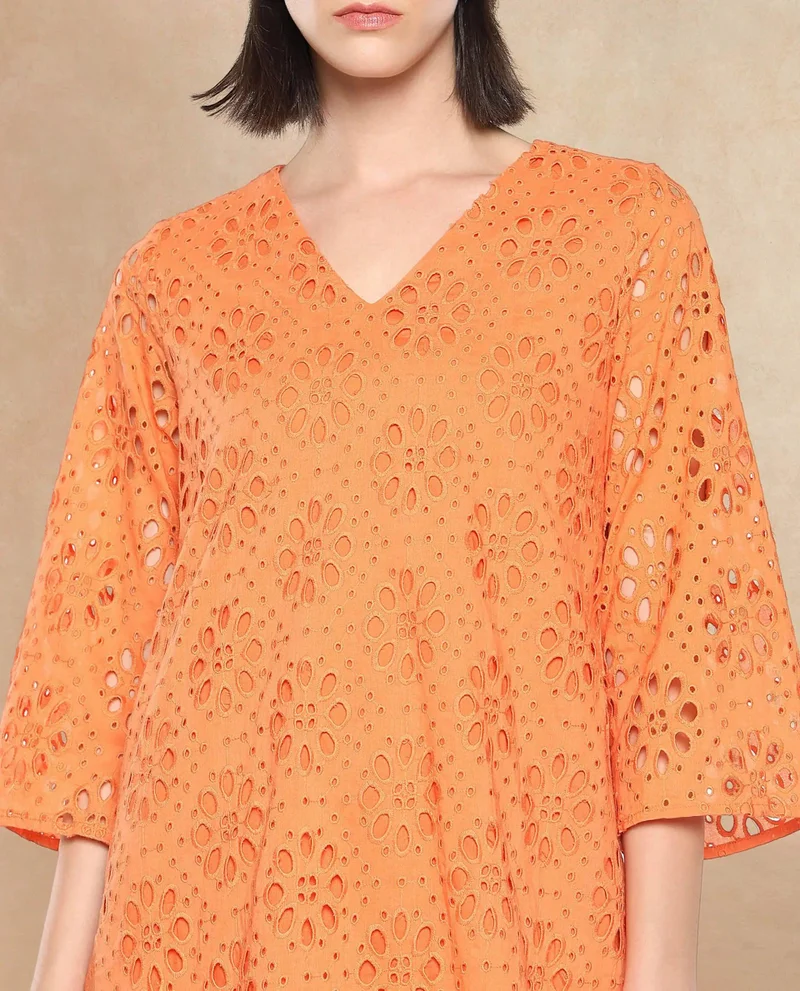 Rareism Rareism Women Hoiter Orange Cotton Fabric Regular Sleeves Boat Neck Solid MINI Dress