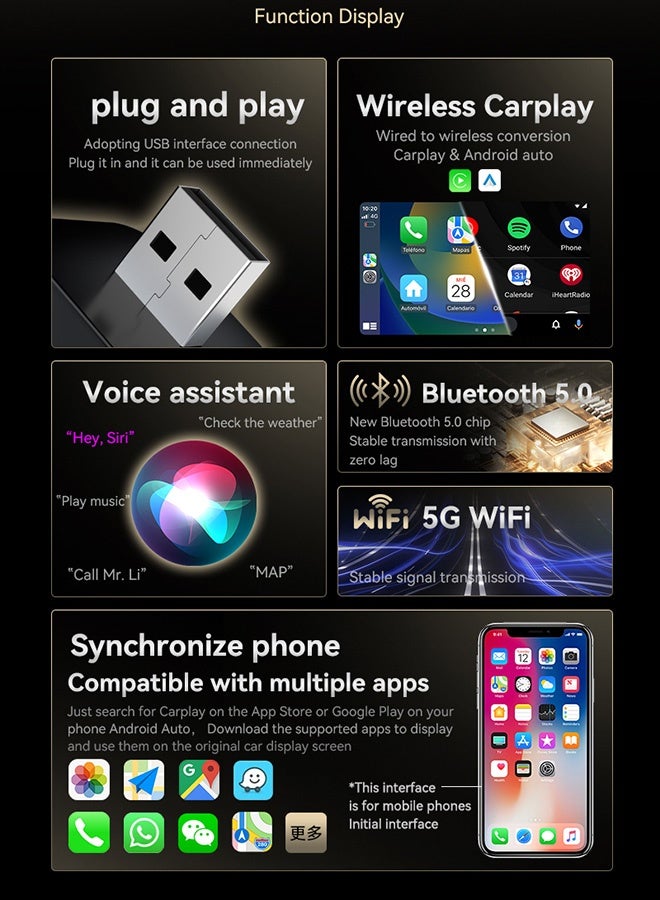 TUNKE 2-in-1 Wireless CarPlay & Android Auto Adapter – Bluetooth 5.0 + 5G WiFi, Plug & Play USB Dongle for Cars with Wired CarPlay System - Image 3