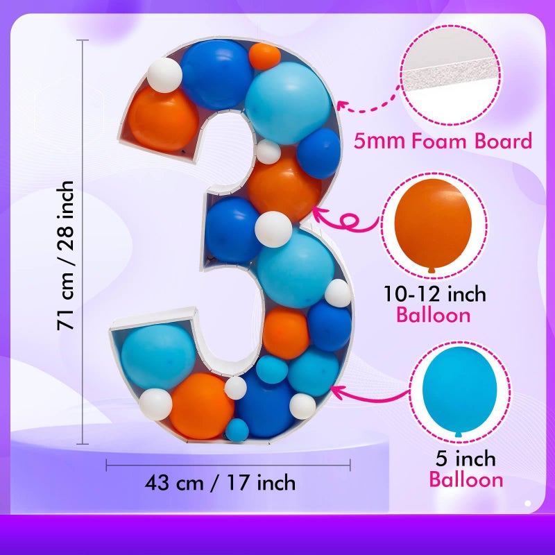 JoyBox Design Mosaic Balloon Numbers Frame Marquee Light Up Number 3 Pre-Cut Large Foam Board Sign Cut-out for Boy Girl Birthday Backdrop Anniversary Decoration - Image 3