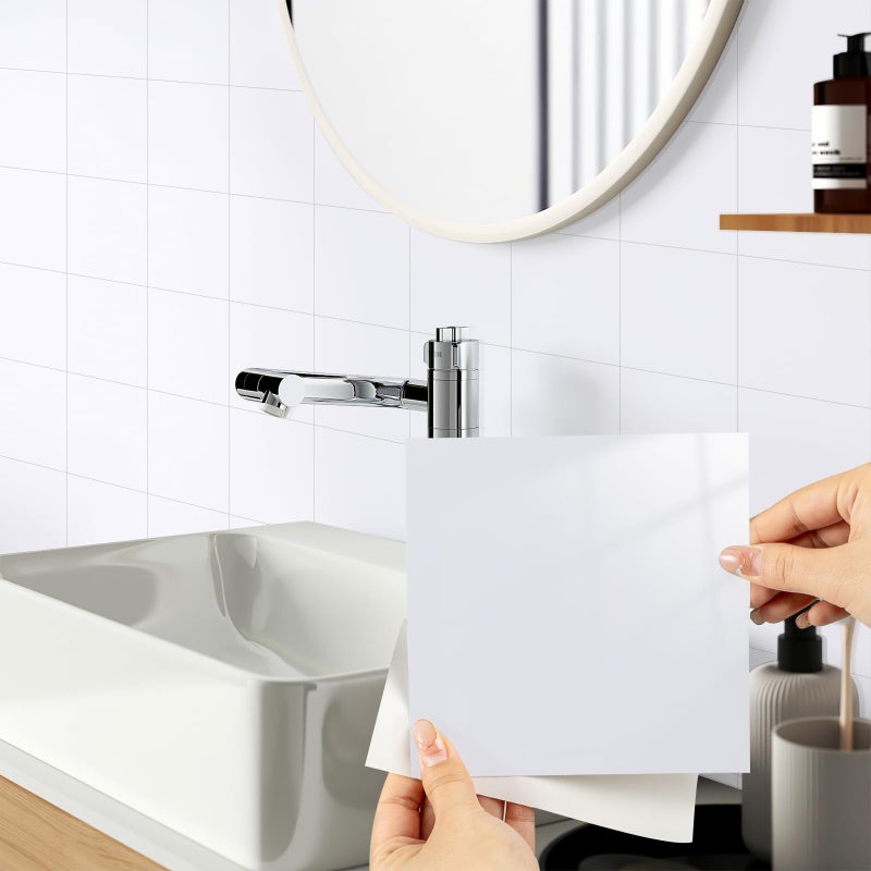 Hode 24 Pieces White Stick on Tiles 15x15cm White Tile Stickers for Kitchen BathroomVinyl Wrap for Wall Self Adhesive Wallpaper Waterproof Glossy