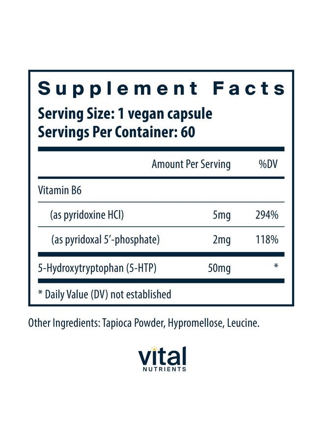 فيتل نيوترينس Vital Nutrients 5-HTP 50mg (5-hydroxytryptophan) | مكمل غذائي نباتي لدعم السيروتونين* | دعم النوم والإجهاد | 5HTP وفيتامين B6 | خالٍ من الجلوتين ومنتجات الألبان والصويا | غير معدّل وراثيًا | 60 كبسولة - Image 2