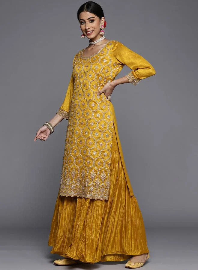 Libas Mustard Embellished Silk Blend Straight Kurta and Sharara Set and Dupatta