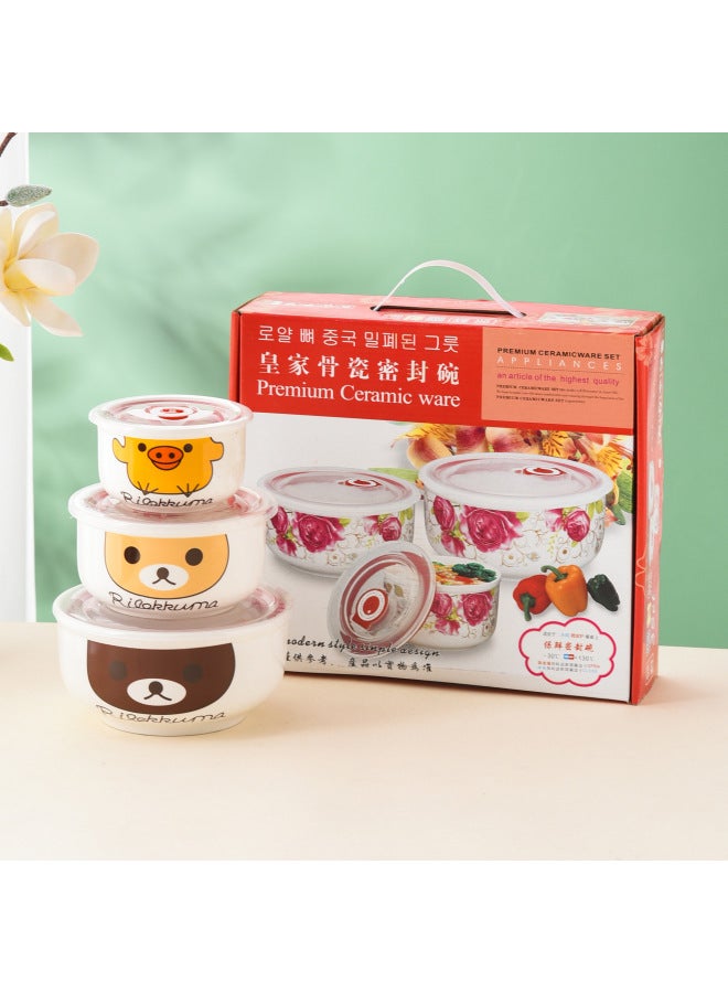 Bear Ceramic Preservation Bowl Three-piece Set Sealed Bowl Gift Bowl Set Gift Microwave Oven Bowl Plus LOGO Preservation-Specifications:Three Bear Sets Of Three Fresh-keeping Bowls (20 Sets/box)-Color:4inch 5inch 6inch  - Image 1