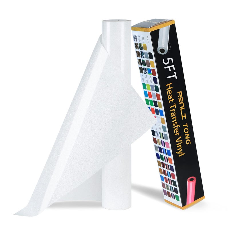 RENLITONG White Glitter HTV Heat Transfer Vinyl Rolls 12 Inch x 5 feet Iron on Vinyl for TShirt and Silhouette Easy to Cut Weed for Heat Transfer Design Glitter White