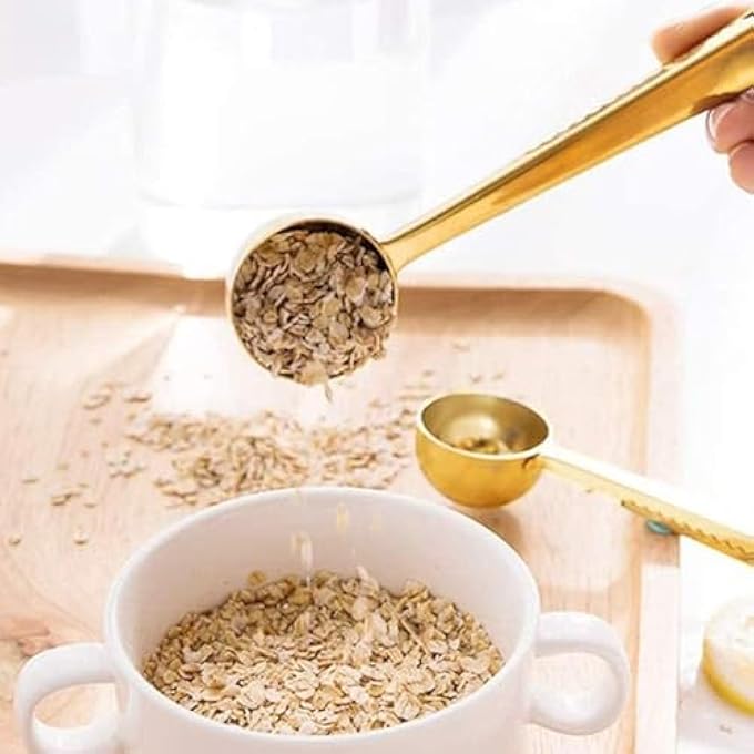 ريحني ملعقة قياس من الفولاذ المقاوم للصدأ 2 مجموعة مع مشبك كيس قهوة للقهوة المطحونة حبوب القهوة الإسبريسو الشاي جولد سيلفر - Image 5