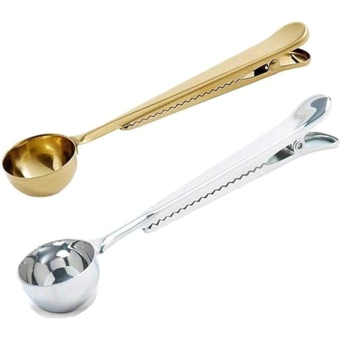 ريحني ملعقة قياس من الفولاذ المقاوم للصدأ 2 مجموعة مع مشبك كيس قهوة للقهوة المطحونة حبوب القهوة الإسبريسو الشاي جولد سيلفر - Image 2