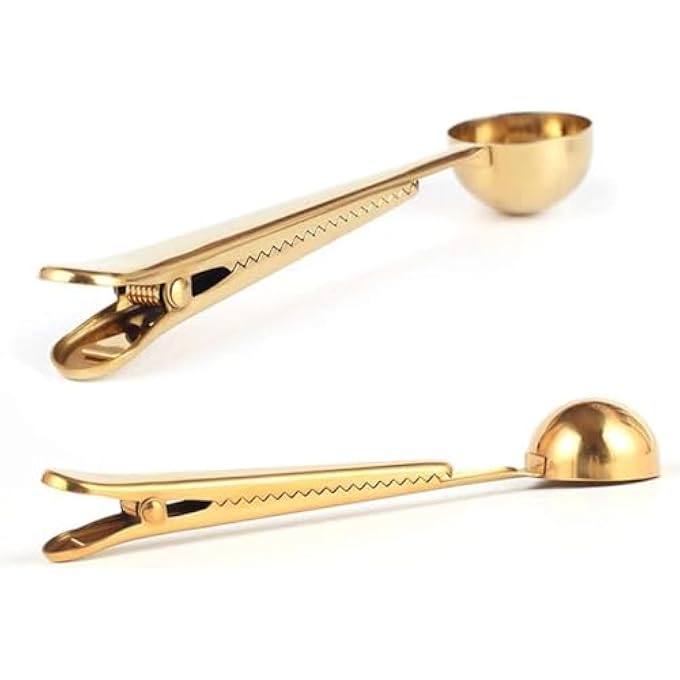 ريحني ملعقة قياس من الفولاذ المقاوم للصدأ 2 مجموعة مع مشبك كيس قهوة للقهوة المطحونة حبوب القهوة الإسبريسو الشاي جولد سيلفر - Image 3