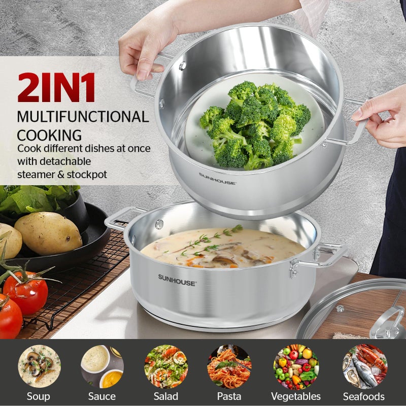 SUNHOUSE 2-Tier Stainless Steel Steamer Pot with Lid - Larger 5.5 QT Steamer & 3.8 QT Stockpot Base - Induction Ready, Compatible with All Cooktops - Multipurpose for Vegetables & Dumplings - Image 2