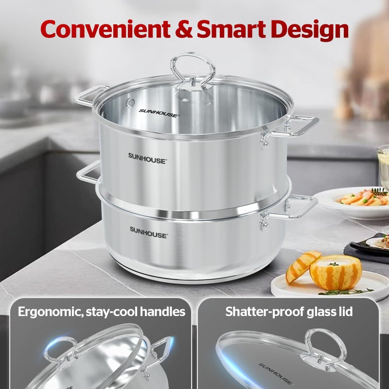 SUNHOUSE 2-Tier Stainless Steel Steamer Pot with Lid - Larger 5.5 QT Steamer & 3.8 QT Stockpot Base - Induction Ready, Compatible with All Cooktops - Multipurpose for Vegetables & Dumplings - Image 3