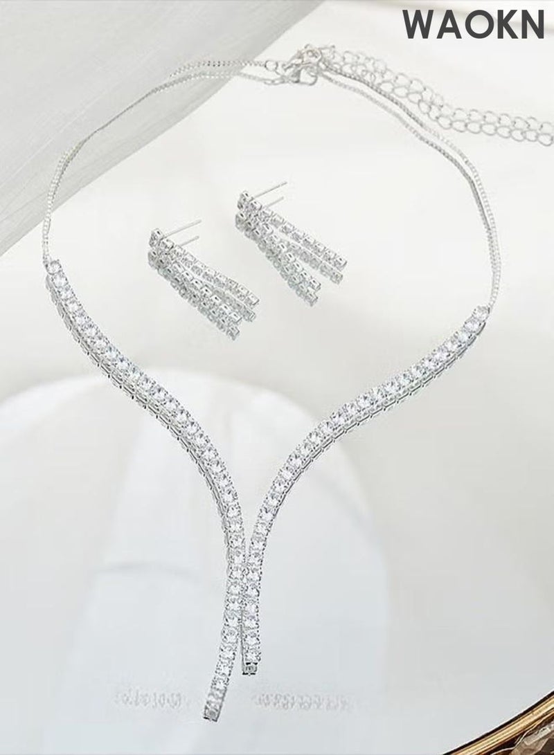 WAOKN 3 Pcs Zircon Necklace Earrings Set Ear Drop Dangle Diamond Bridal Dress Accessories for Women Silver/Clear , Tassel necklace set, light luxury palace style necklace, earring accessories , unisex ,white . - Image 4