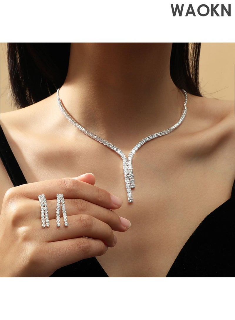 WAOKN 3 Pcs Zircon Necklace Earrings Set Ear Drop Dangle Diamond Bridal Dress Accessories for Women Silver/Clear , Tassel necklace set, light luxury palace style necklace, earring accessories , unisex ,white . - Image 1