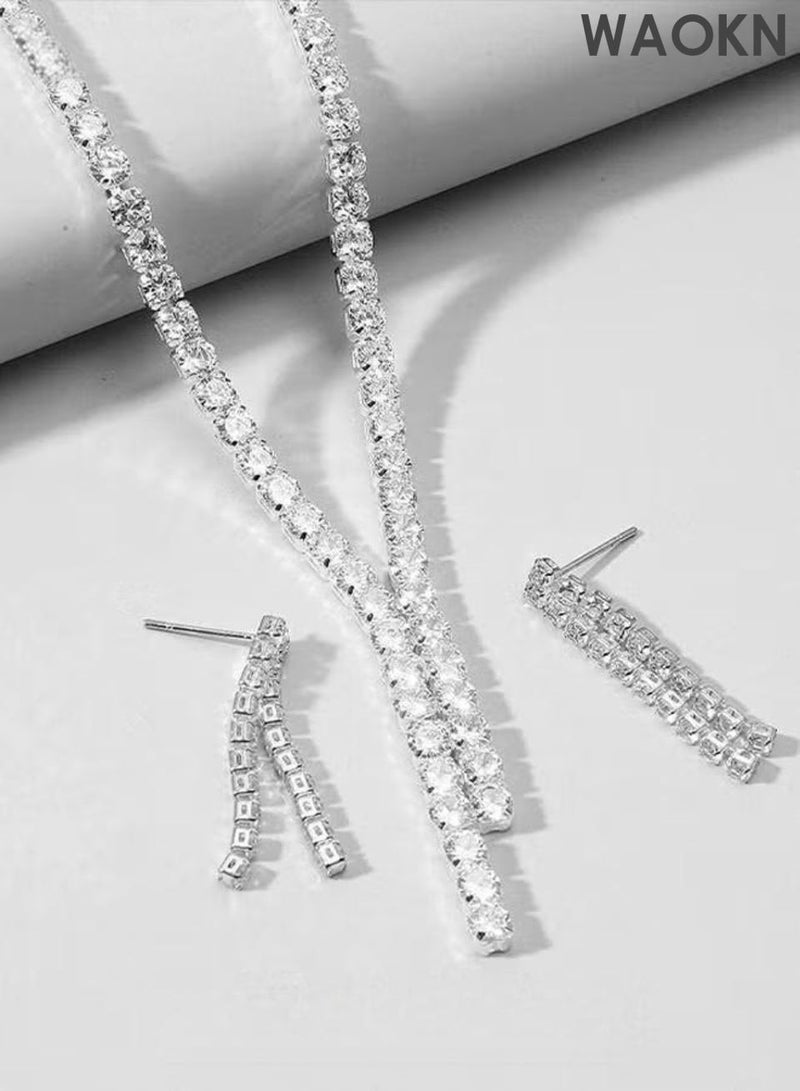 WAOKN 3 Pcs Zircon Necklace Earrings Set Ear Drop Dangle Diamond Bridal Dress Accessories for Women Silver/Clear , Tassel necklace set, light luxury palace style necklace, earring accessories , unisex ,white . - Image 3