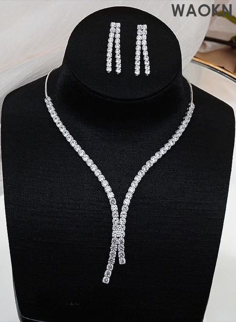 WAOKN 3 Pcs Zircon Necklace Earrings Set Ear Drop Dangle Diamond Bridal Dress Accessories for Women Silver/Clear , Tassel necklace set, light luxury palace style necklace, earring accessories , unisex ,white . - Image 5