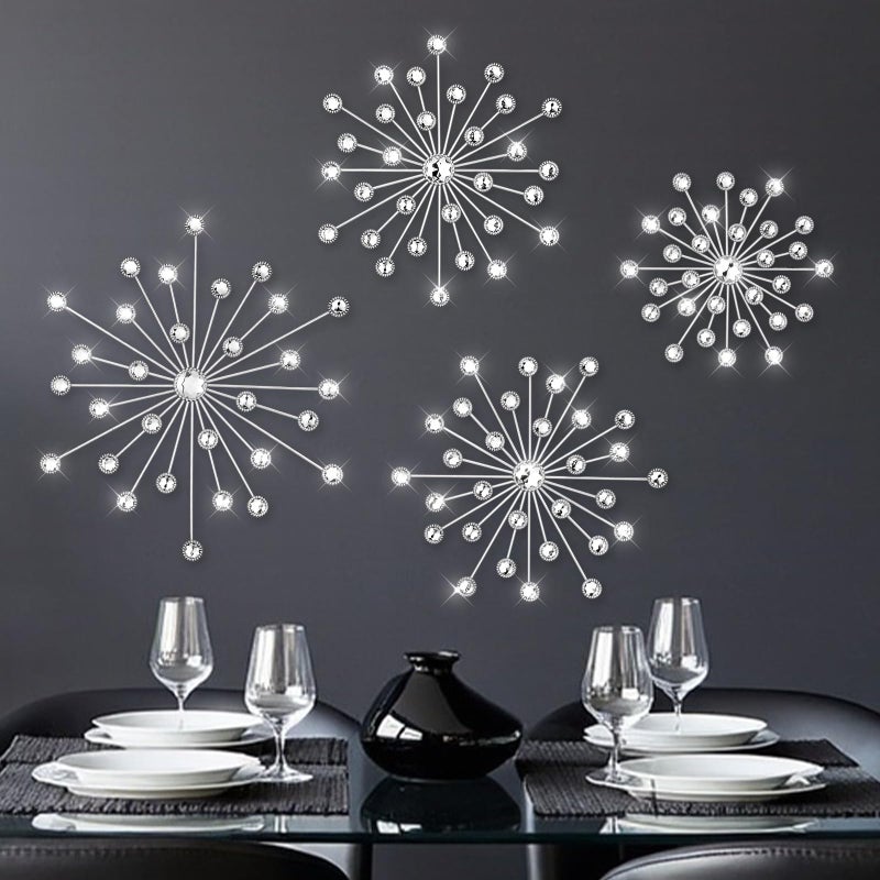 Limbeuuu 4 Pcs Metal Wall Decor Bling Crystal Wall Art Cast Iron Rhinestones Sunburst Decor Starburst Art Hanging Diamond Accents Home Decorative for Living Room Bedroom Entryway(Silver) - Image 1