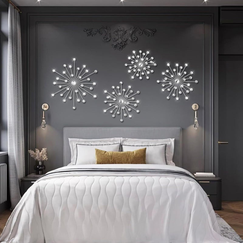 Limbeuuu 4 Pcs Metal Wall Decor Bling Crystal Wall Art Cast Iron Rhinestones Sunburst Decor Starburst Art Hanging Diamond Accents Home Decorative for Living Room Bedroom Entryway(Silver) - Image 3